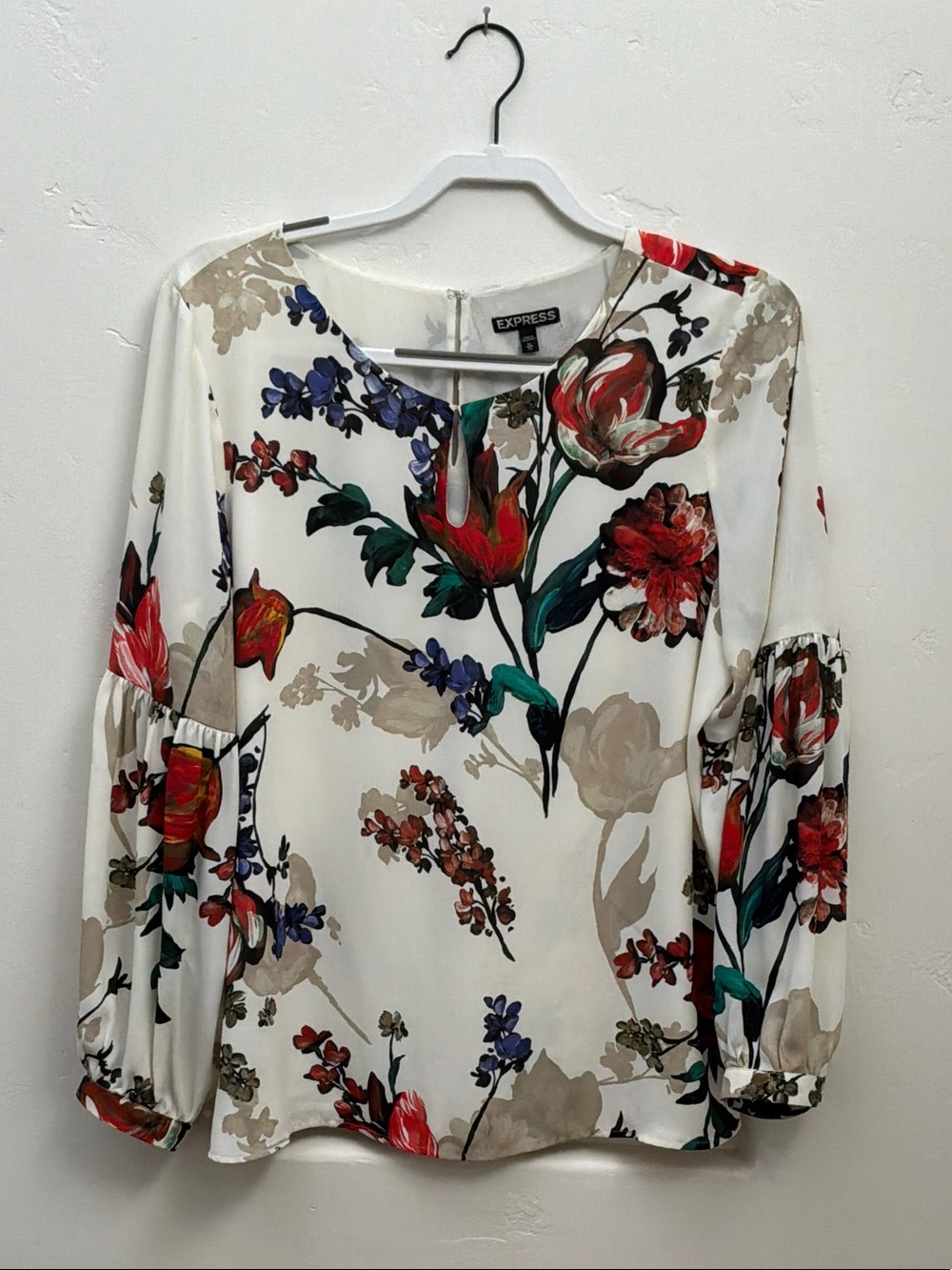 Express White Floral V-Neck Peasant Blouse with Red & Green Accents